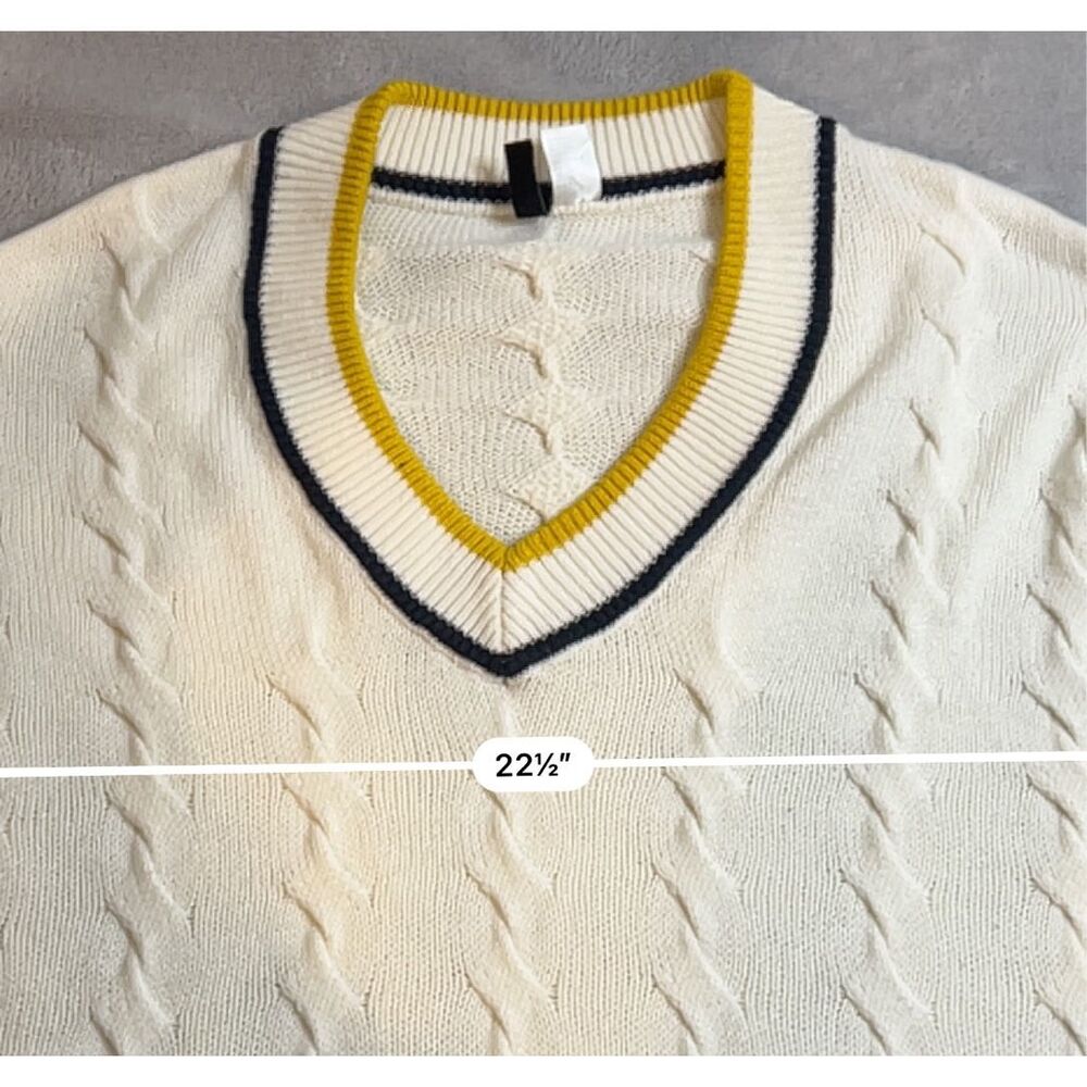 Women’s Cable Knit Twist V Neck Sweater Varsity Cream/blue/yellow M - Picture 6 of 7